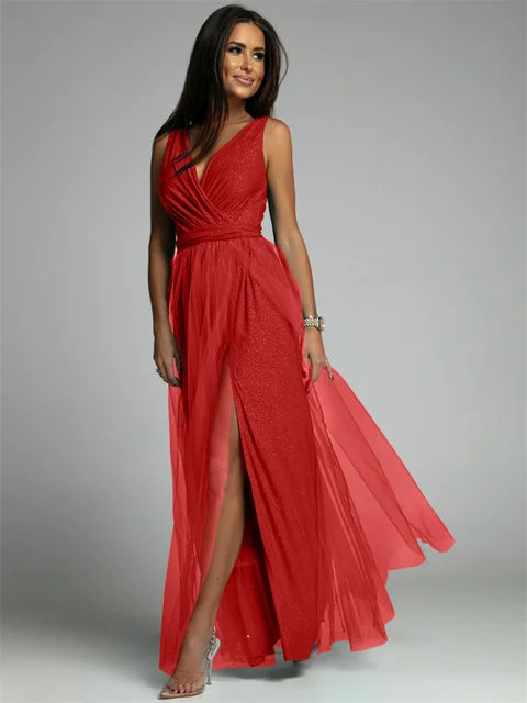 Robe Femme Élégante Col V Décolleté Fendu Arrière