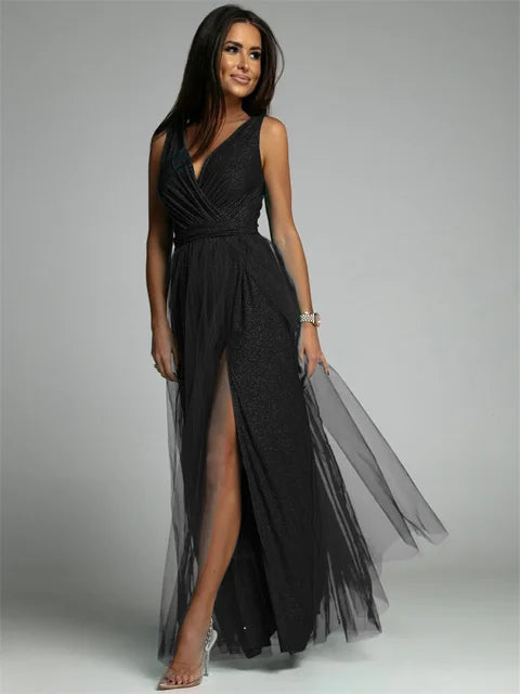 Thea™ – Robe Femme Élégante Col en V Style Chic Ourlet Fendu-1