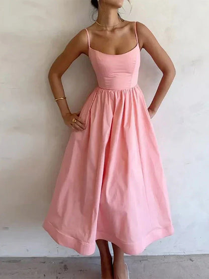 Robe Femme Été Droite en Linéaire mi-Longue avec Bretelles Fines - BerlinGlamour