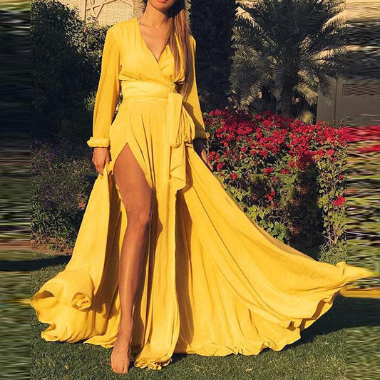 Robe Soirée Longue Manches avec Col en V Élégant - PanierRoyale