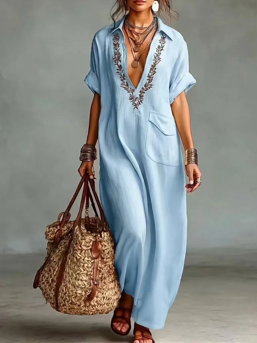 Robe Kaftan Femme Broderie Col en V Coupe Ample - PanierRoyale