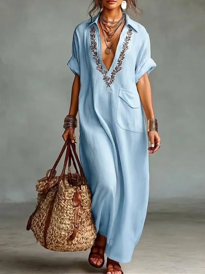 Robe Kaftan Femme Broderie Col en V Coupe Ample - PanierRoyale