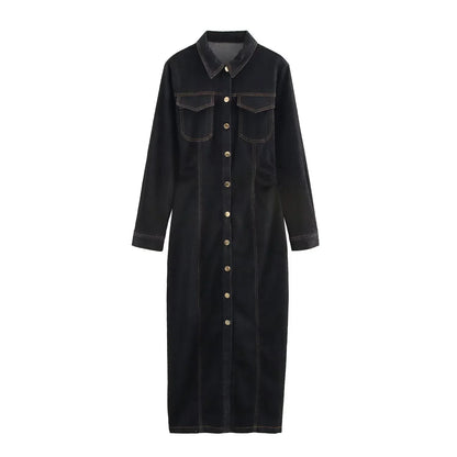 Robe Jeans Femme Manches Longues Boutons Décontractée