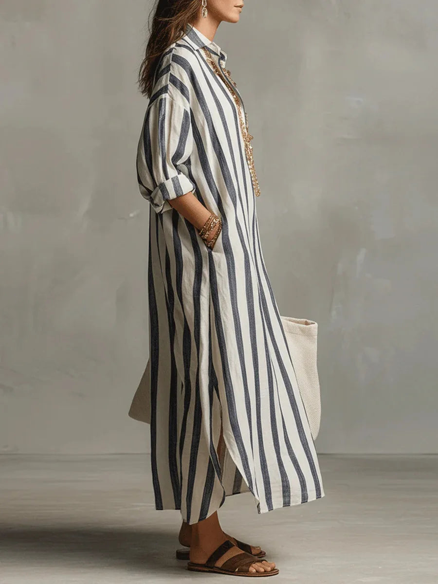Robe Chemise Femme Coupe Ample Longue en Tissu Rayé