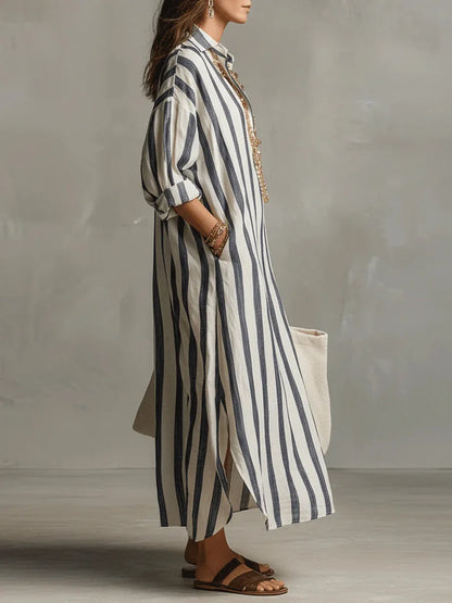Robe Chemise Femme Coupe Ample Longue en Tissu Rayé