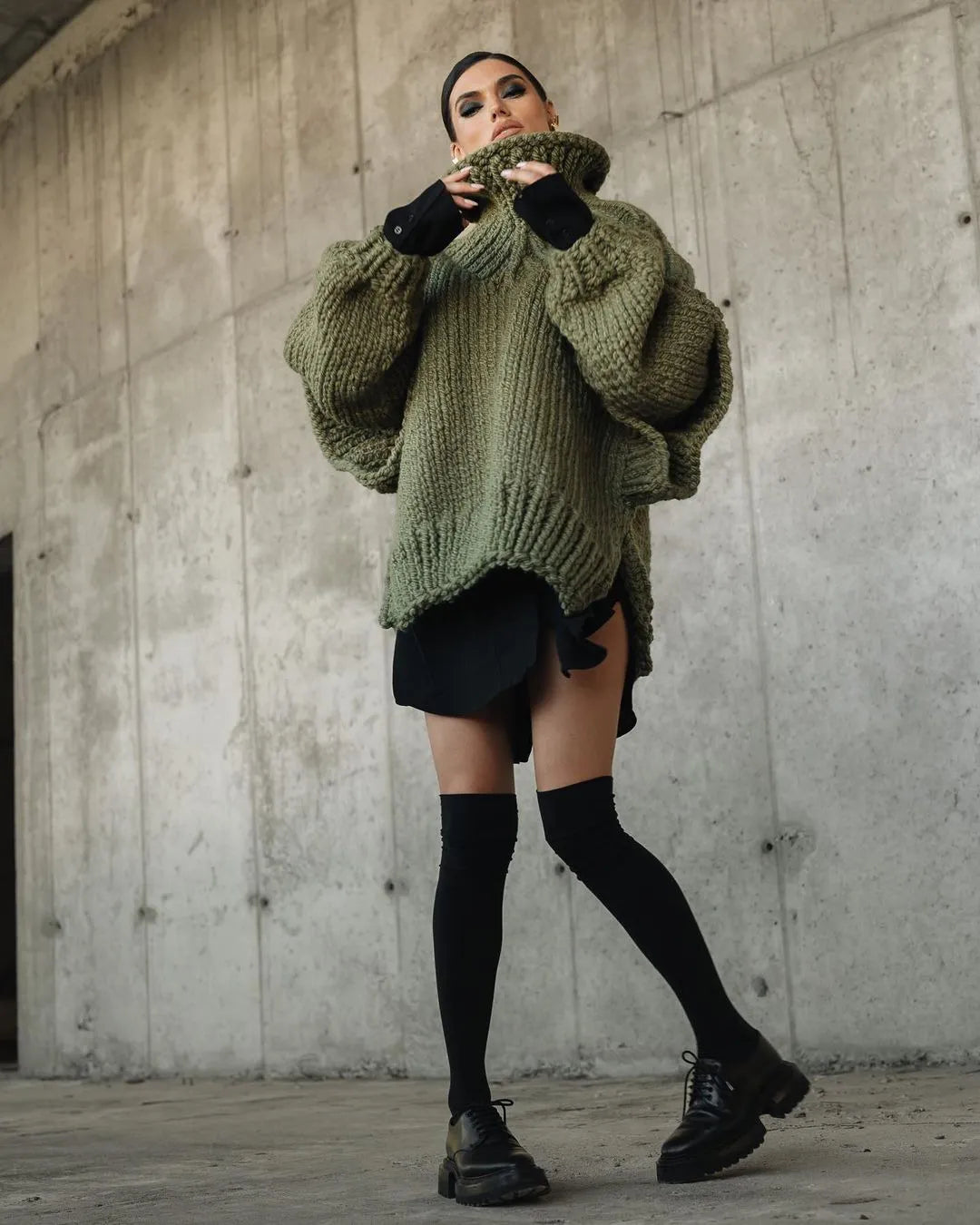 Pull Oversize Femme Grosse Maille Col Roulé