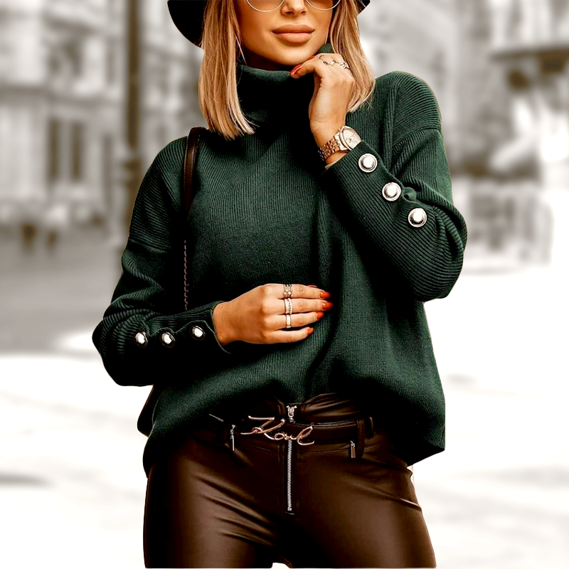 Pull Col Roulé Beige Chic avec Boutons Décoratifs