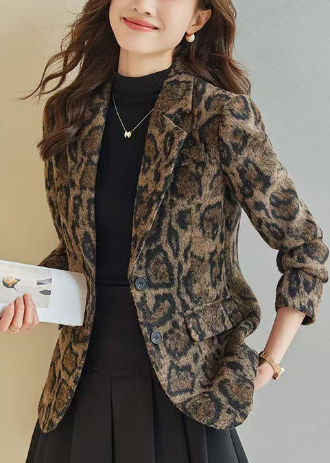 Chic Leopard Print Wool Coat Spring Slim Fit - EasyApparels