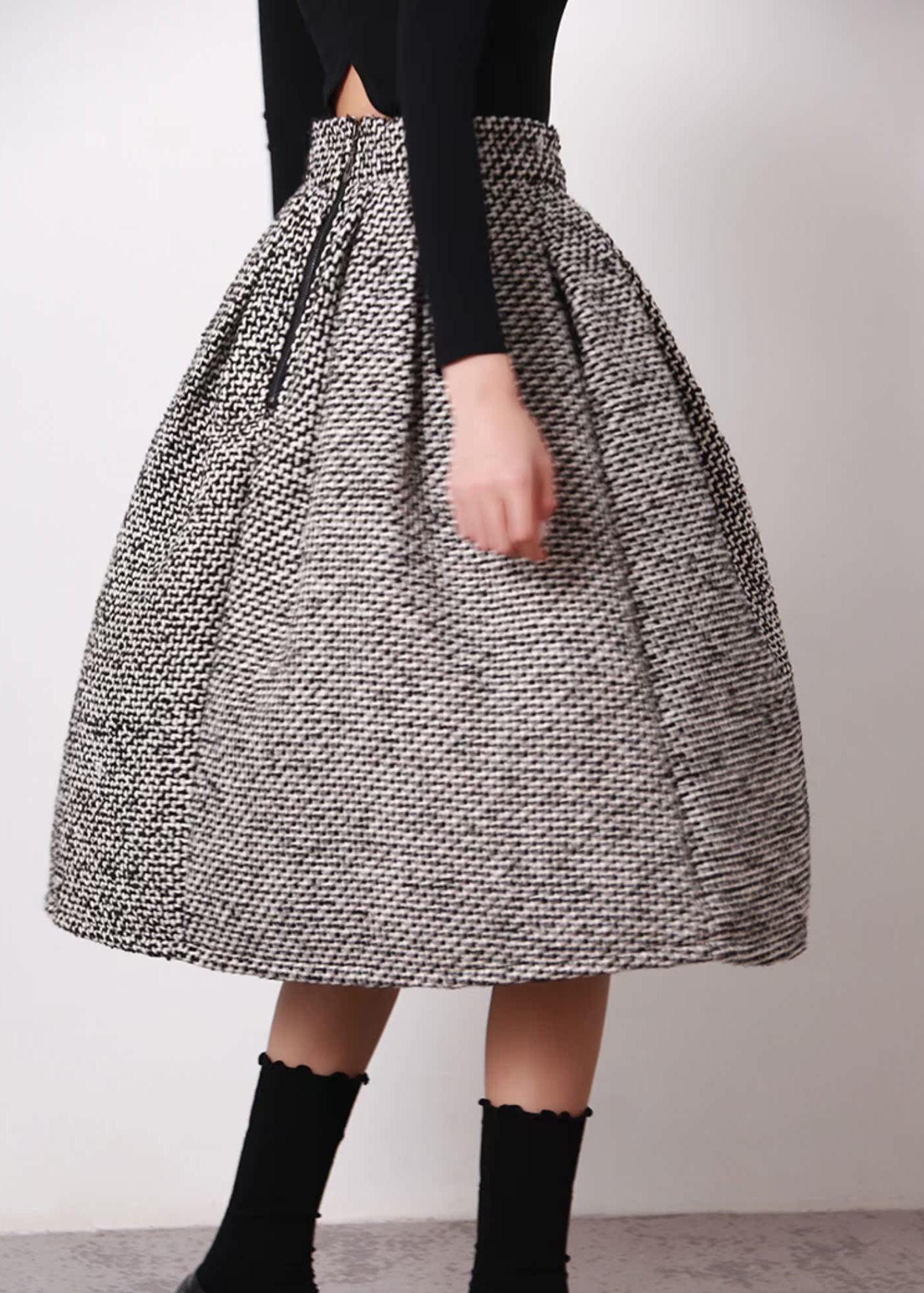 Chic Wool A-Line Skirt Black White Plaid Spring - EasyApparels