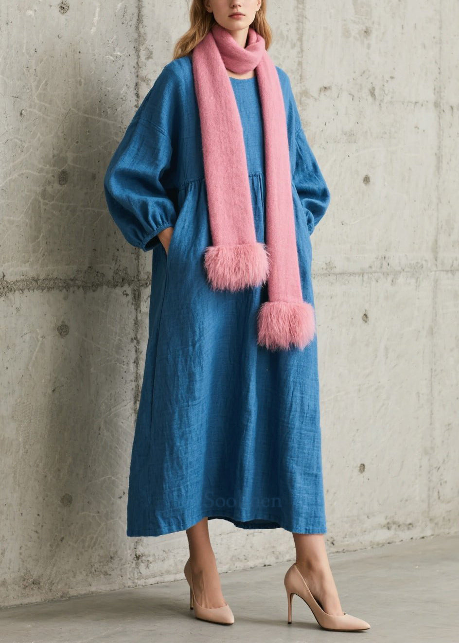 Robe confortable oversize coton bleu pour femme hiver - EasyApparels