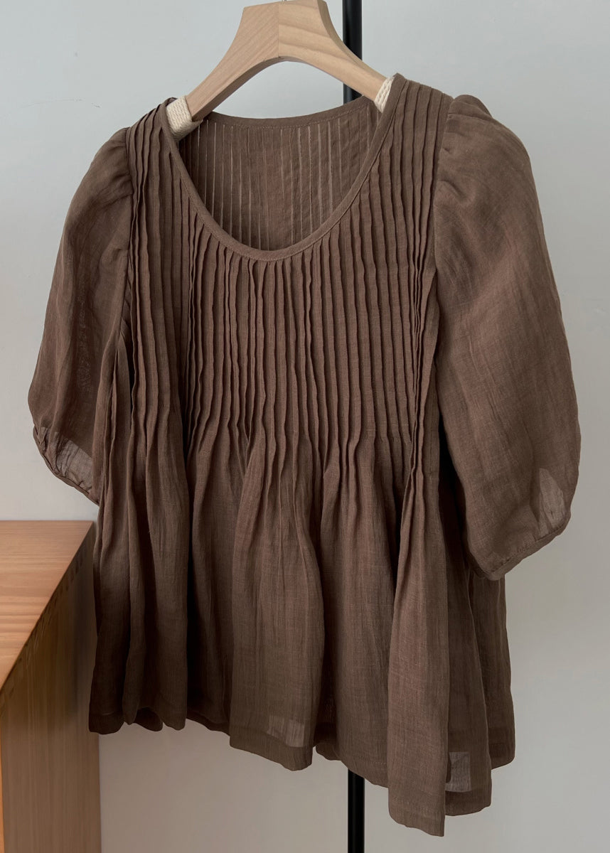 Dressy Wrinkle Linen Blouse with Round Neck and Short Sleeves - EasyApparels