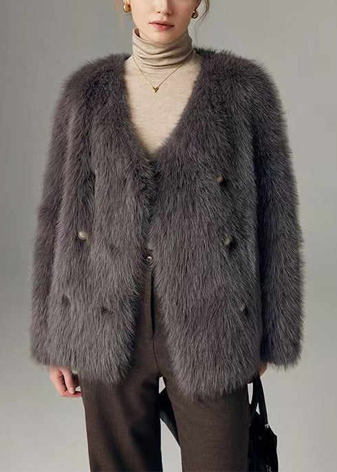 Vestes hiver élégantes gris col V avec double fermeture et faux fur - EasyApparels