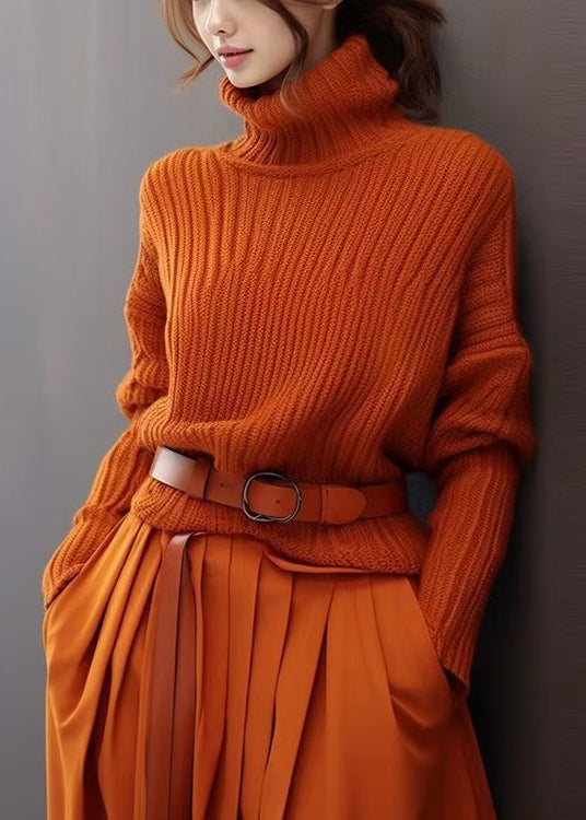 Pulls douces à col roulé orange en tricot chaud pour femme - EasyApparels