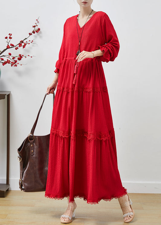 Robes douces en coton rouge à dentelle pour femmes - EasyApparels