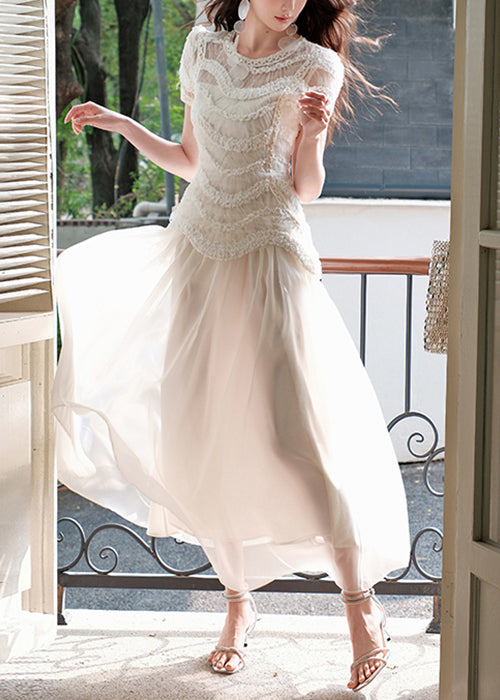 Robe tulle beige légère été coupe élégante - EasyApparels