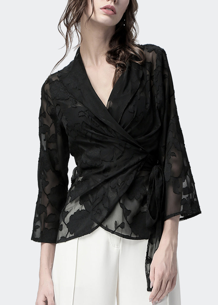 Chic Black Chiffon V Neck Blouse - EasyApparels
