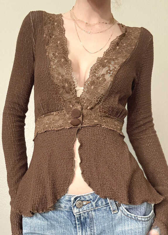 Tricots patchwork dentelle bruns ajustés printemps - EasyApparels