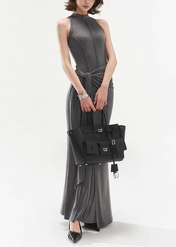 Robe de coton gris élégante sans manches avec ceinture - EasyApparels