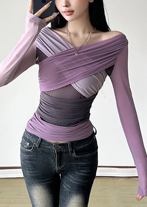 Slim Fit Purple Asymmetrical Lace Patchwork Tops - EasyApparels