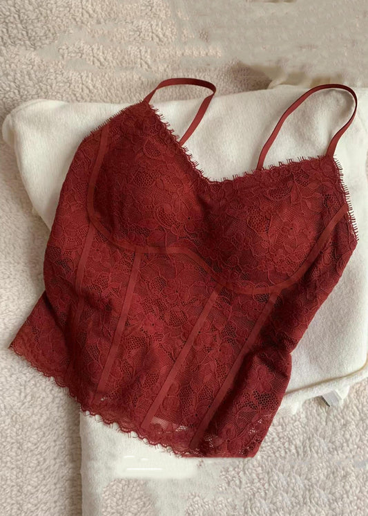 Red Off Shoulder Lace Trim Tank Top - EasyApparels