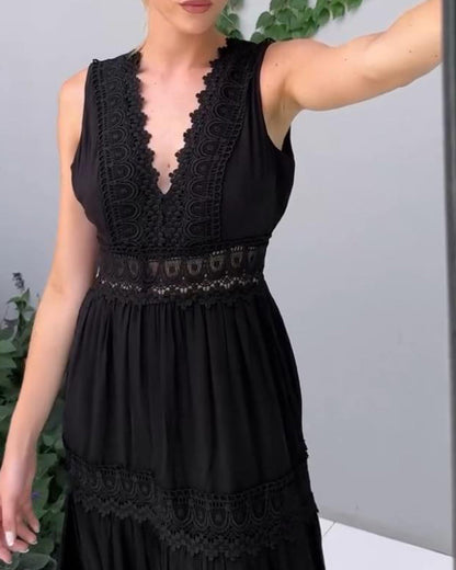 Robe Midi Femme Dentelle Col V Coupe Fluide Sans Manches