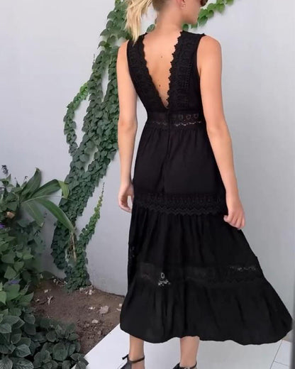Robe Midi Femme Dentelle Col V Coupe Fluide Sans Manches