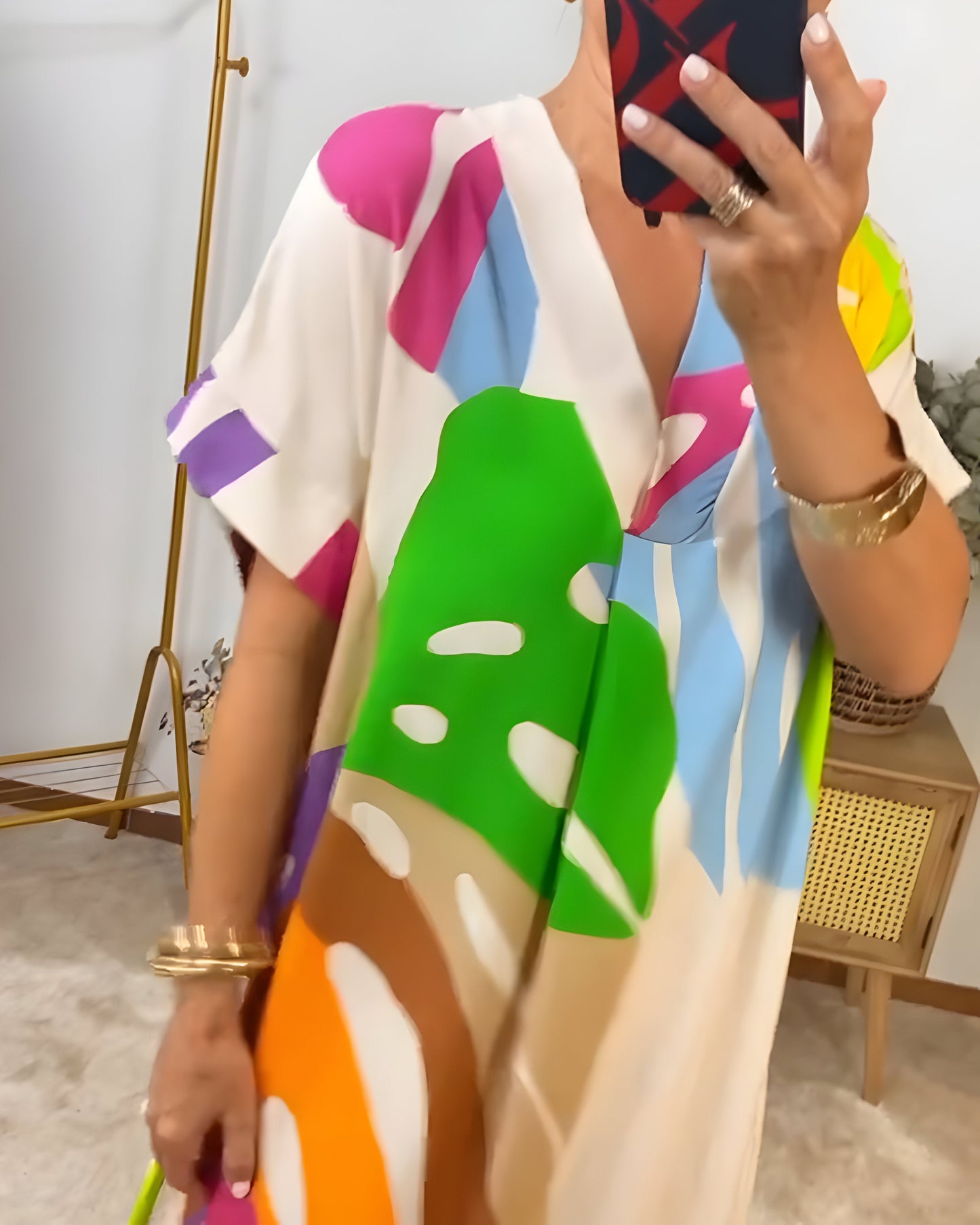 Robe Femme Imprimé Feuillage Coupe Ample Col V