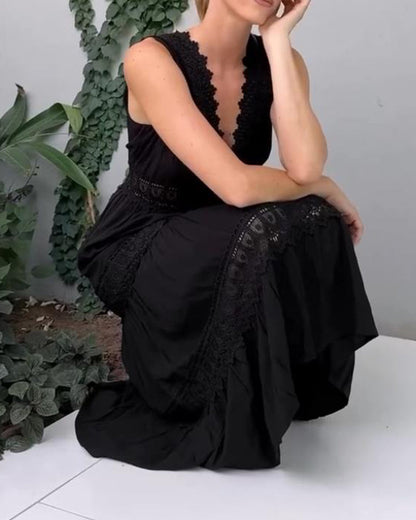 Robe midi Femme Dentelle Col en V Sans Manches Fluide