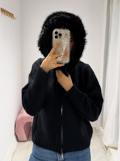 Doudoune Femme Grise Hiver avec Capuche et Fourrure Synthétique