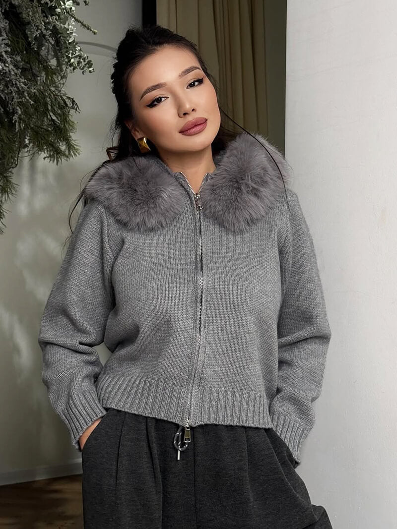 Doudoune Femme Grise Hiver avec Capuche et Fourrure Synthétique
