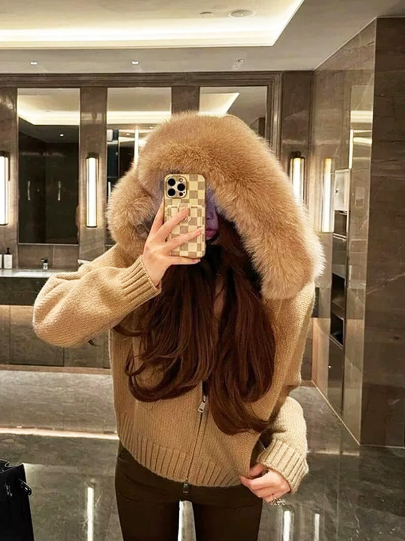 Doudoune Femme Grise Hiver avec Capuche et Fourrure Synthétique