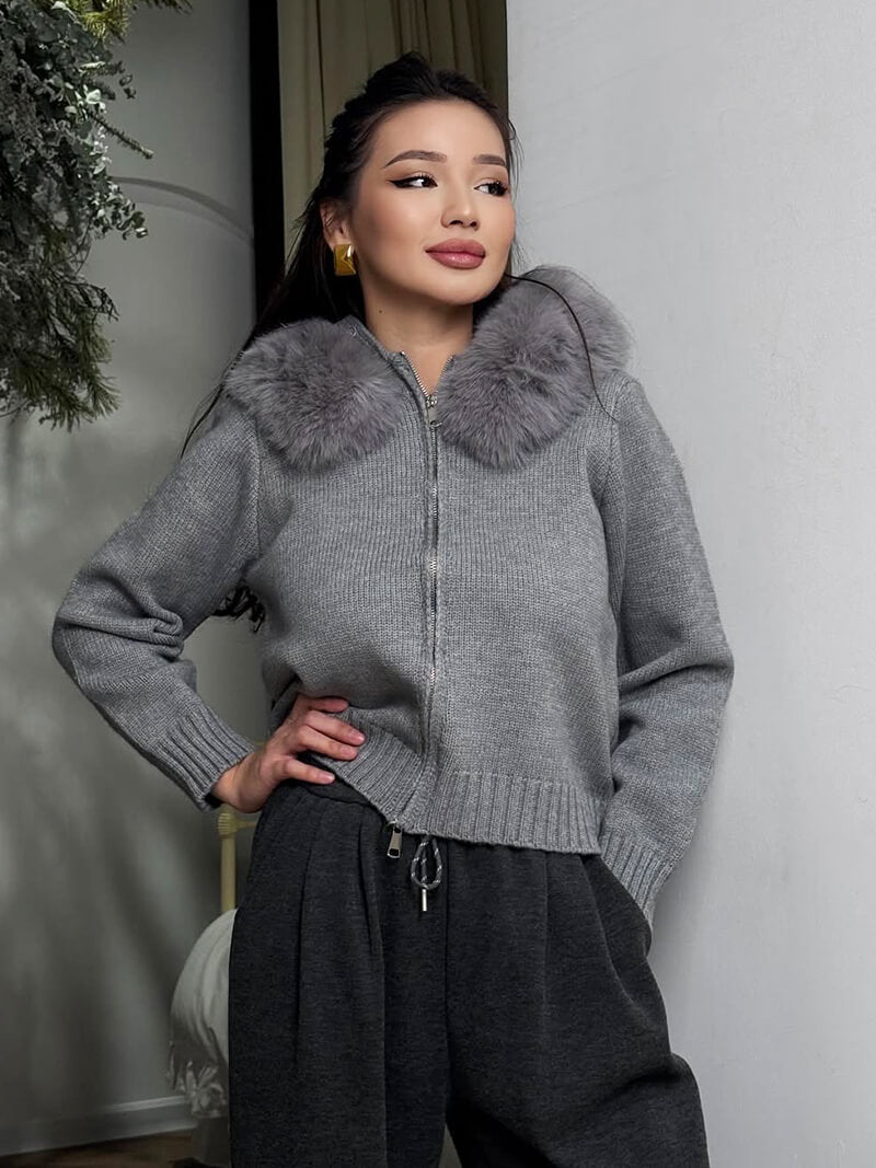 Doudoune Femme Grise Hiver avec Capuche et Fourrure Synthétique