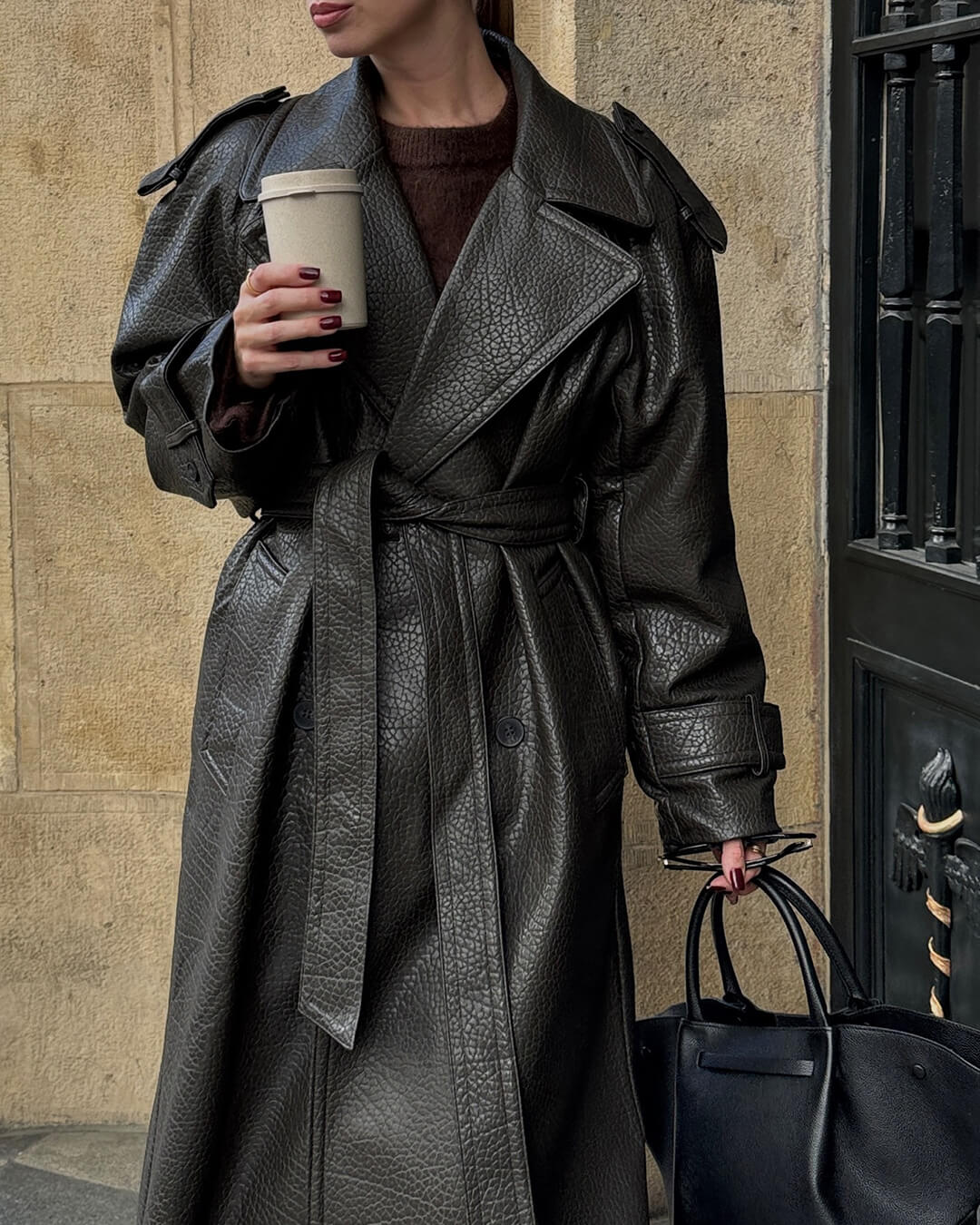 Manteau Leder Femme Long Élégant Hiver