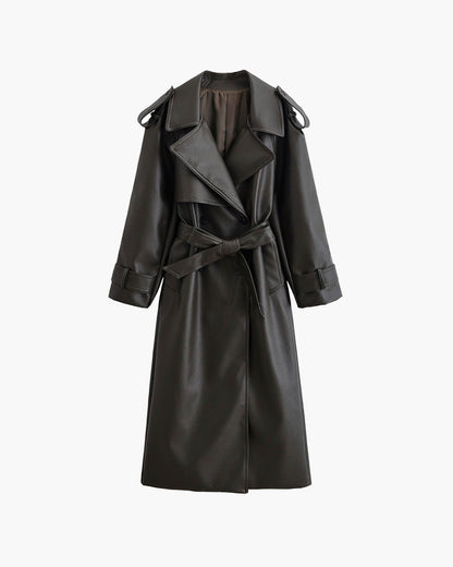 Manteau Leder Femme Long Élégant Hiver