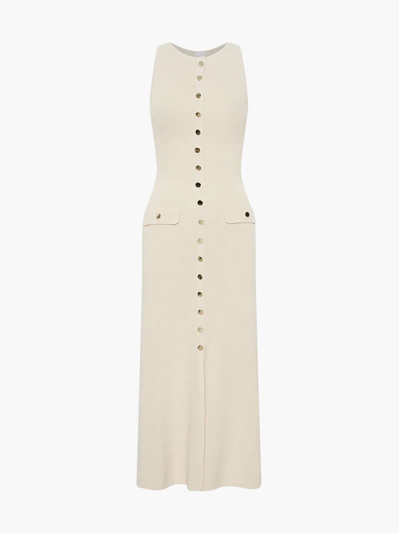Robe Maxi Élégante sans Manches avec Détails Boutons