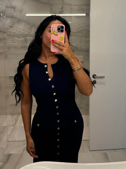 Robe Maxi Élégante sans Manches avec Détails Boutons