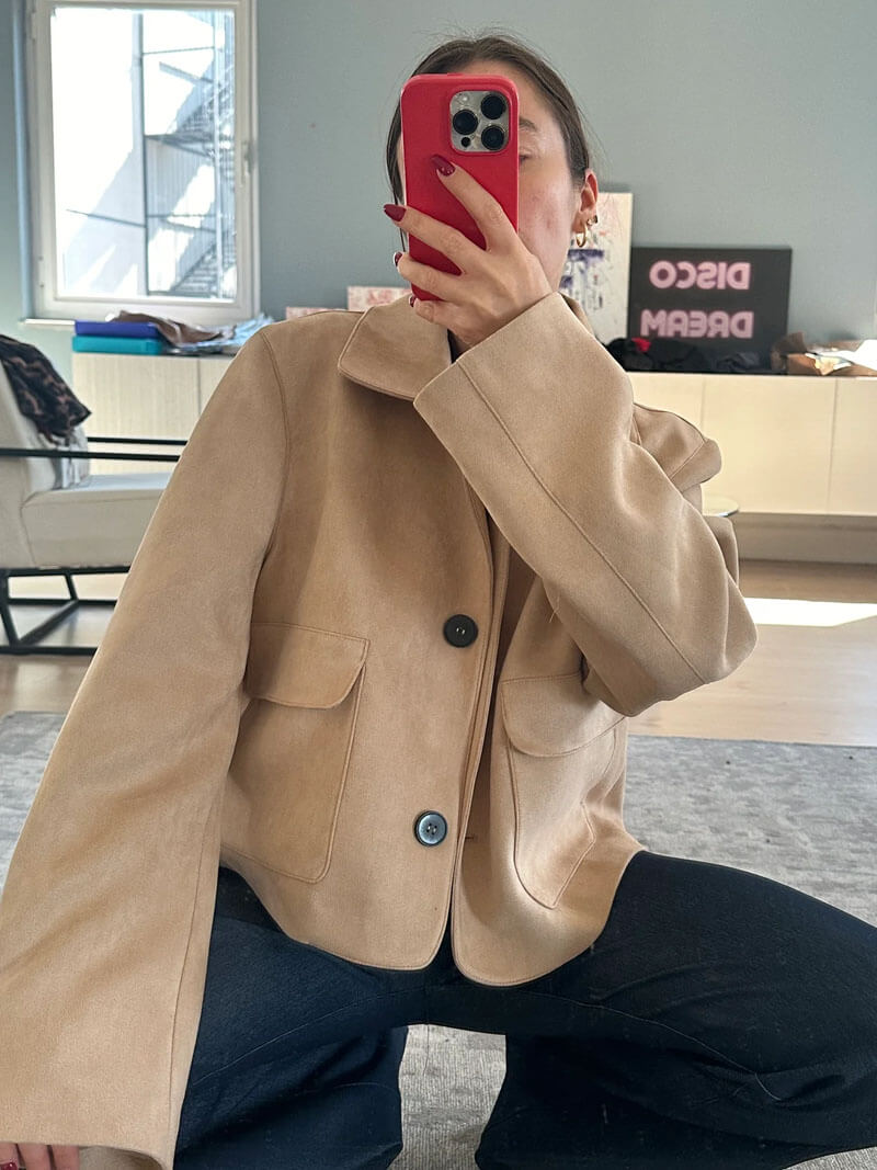 Veste Cuir Féminine Classique avec Poches