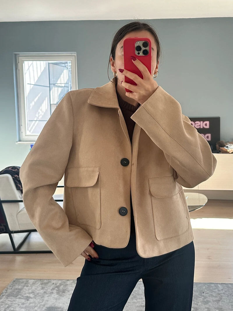 Veste en cuir suédé femme col reversible tailleur court