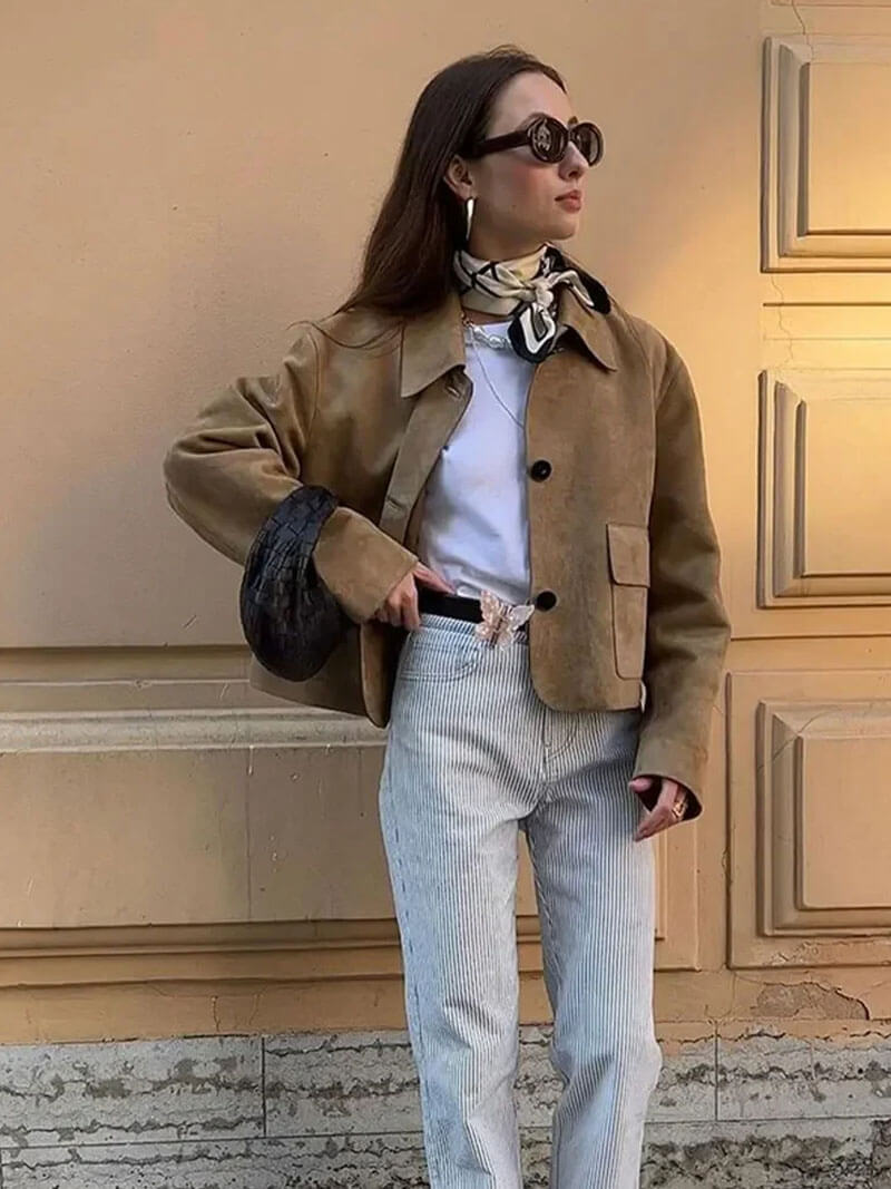 Veste Cuir Féminine Classique avec Poches