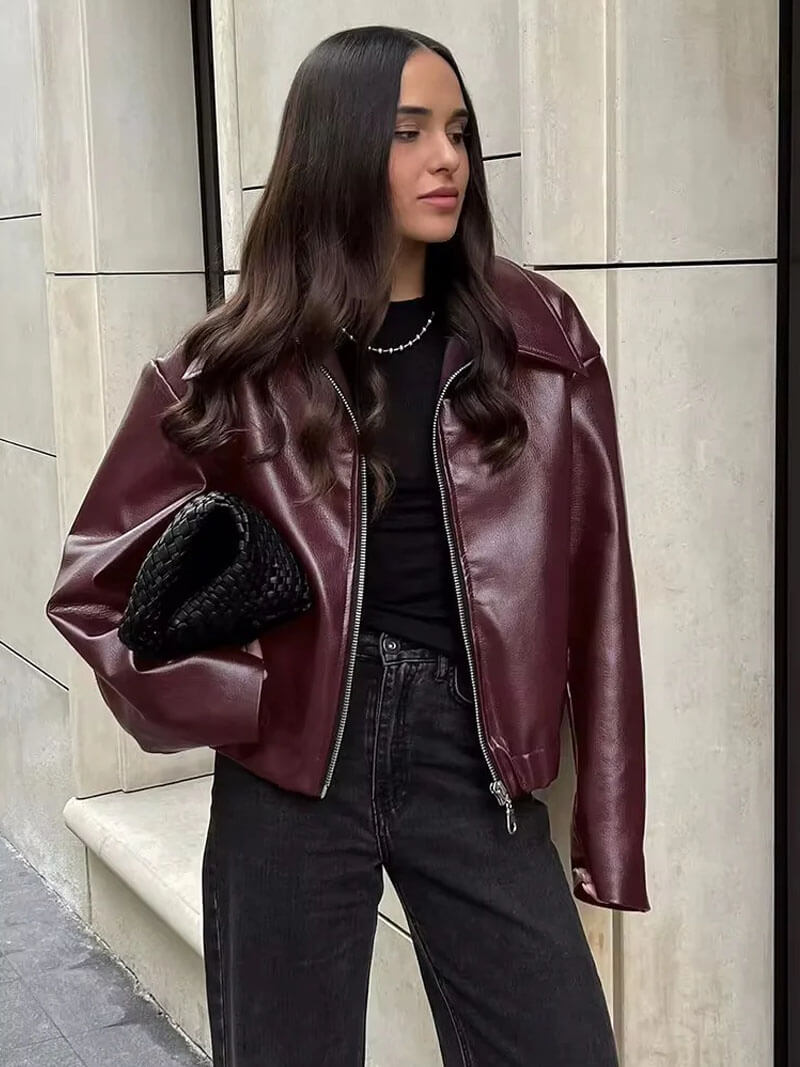 Blouson Femme Cuir Synthétique Oversize avec Fermeture Éclair