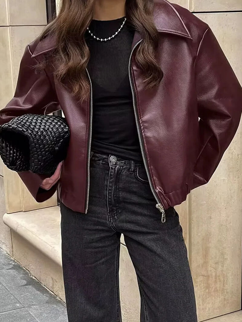 Blouson Cuir Rouge Fémimin et Élégant
