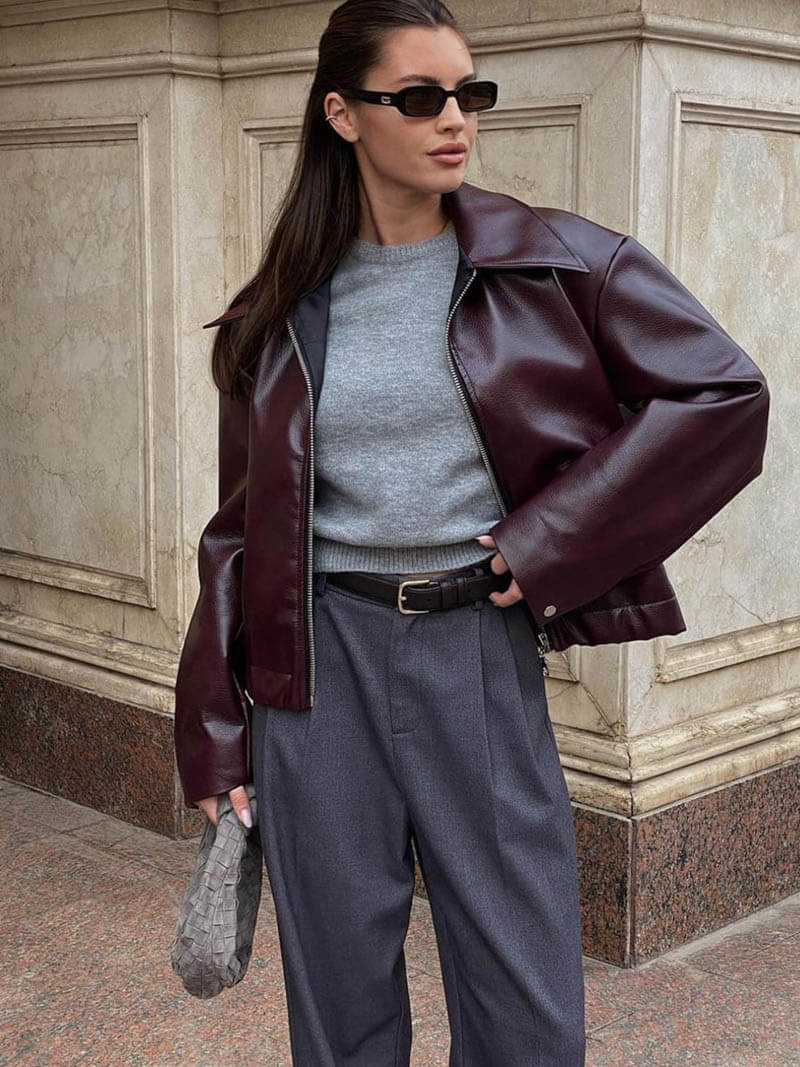Blouson Femme Cuir Synthétique Oversize avec Fermeture Éclair