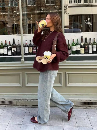 Pull Femme Rouge Bourgogne - Pull en Maille Doux et Chaud