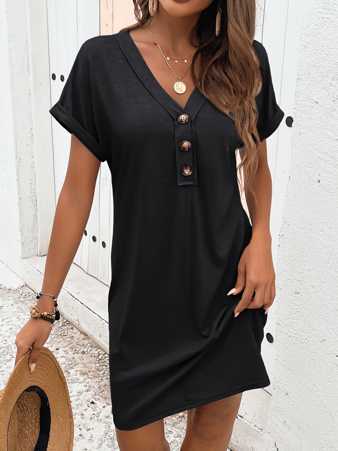 Robe Été Légère Mi-Longue avec Boutons et Dentelle