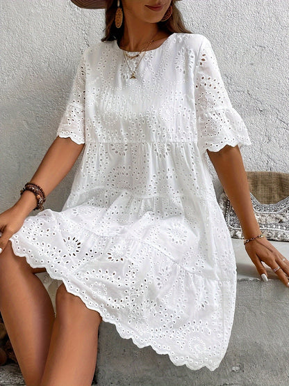 Solevia™ – Robe Femme Été Mi-Longue Chic à Manches Courtes & Dos Évidé