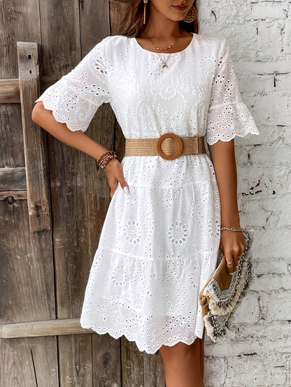 Solevia™ – Robe Femme Été Mi-Longue Chic à Manches Courtes & Dos Évidé