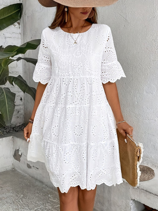 Solevia™ – Robe Femme Été Mi-Longue Chic à Manches Courtes & Dos Évidé