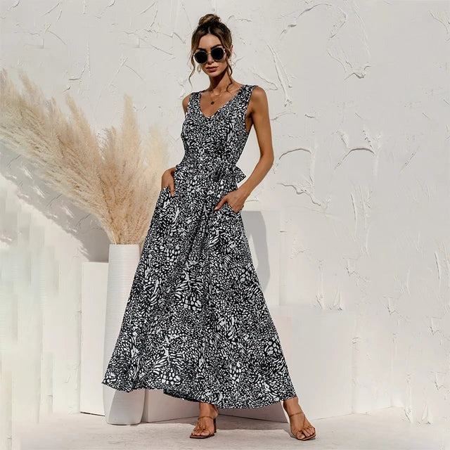 Robe Longue Été Noir Fleuri pour Femme - PanierRoyale
