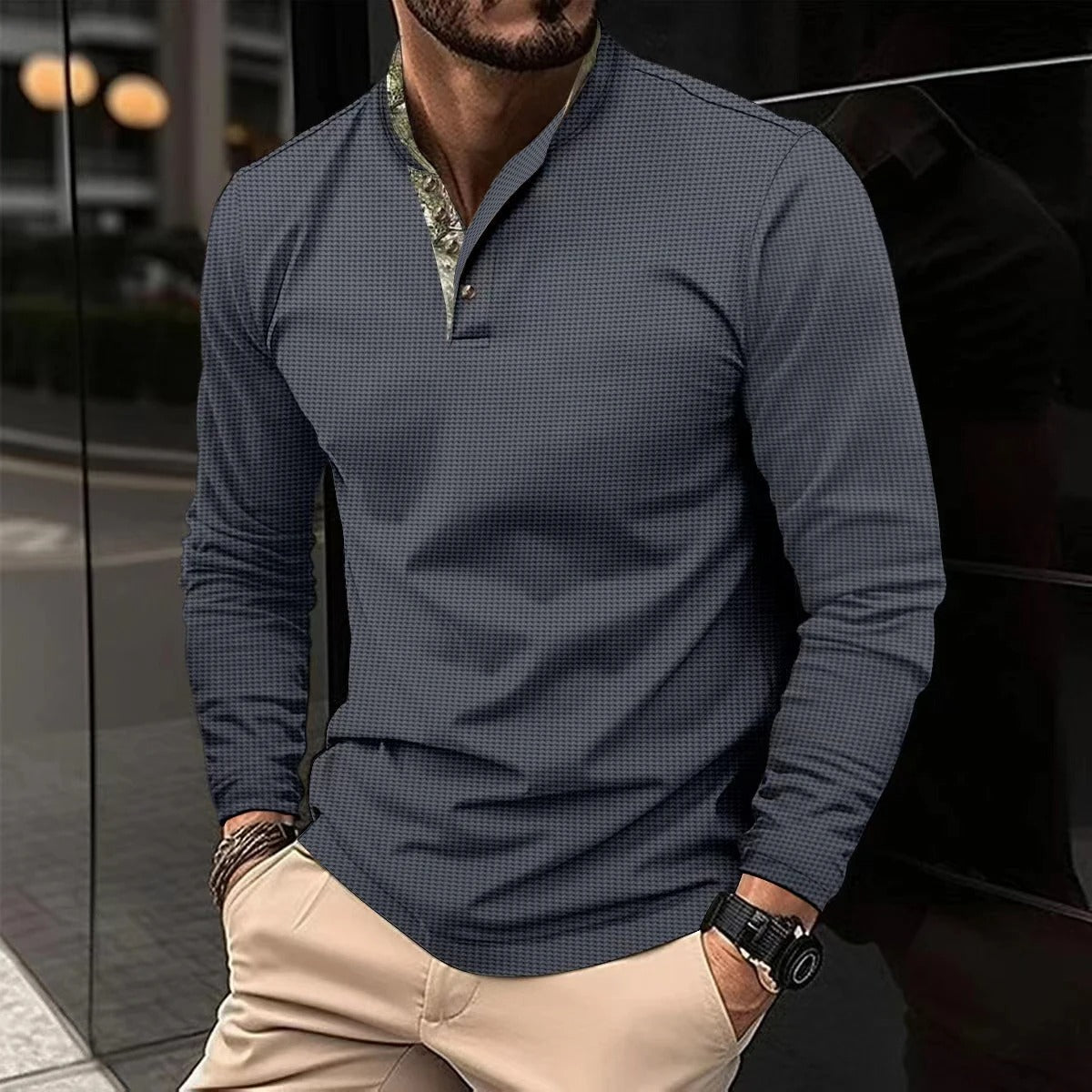 Chemise Homme Manche Longue Col Montant Décontractée