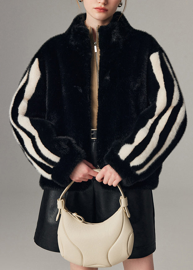 Manteau hiver fourrure noir à capuchon et fermeture éclair - EasyApparels